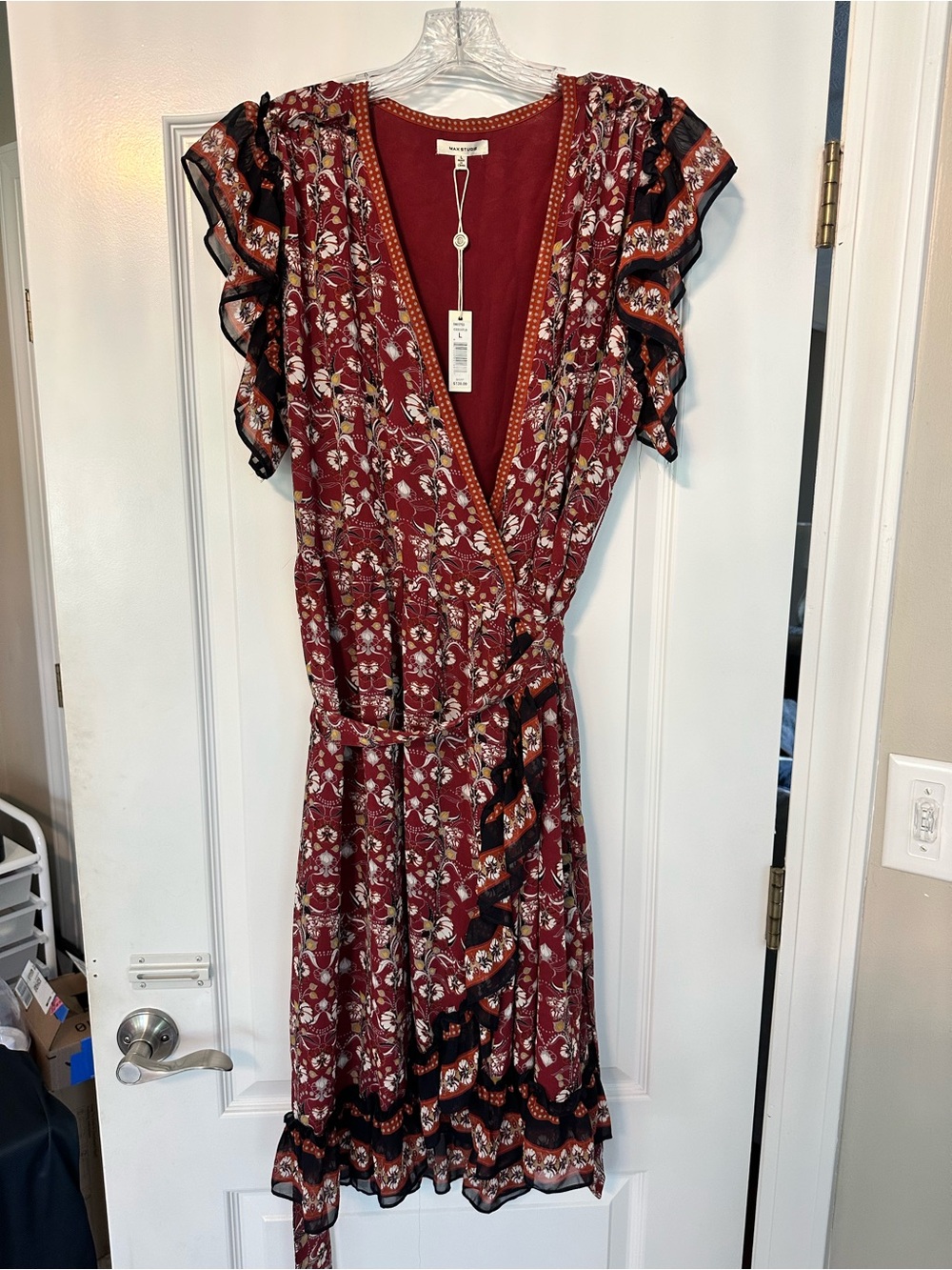 Max Studio Burgundy Floral Midi Wrap Dress with Black Trim